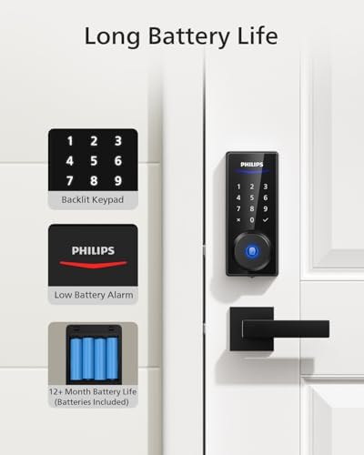 Philips Front Door Lock Set  Electronic Fingerprint Lock with 2 Lever Handles  Keyless Entry Door Lock with Handles  Auto Locking  Fingerprint Unlock  Touchscreen Keypad with Key