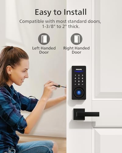 Philips Front Door Lock Set  Electronic Fingerprint Lock with 2 Lever Handles  Keyless Entry Door Lock with Handles  Auto Locking  Fingerprint Unlock  Touchscreen Keypad with Key