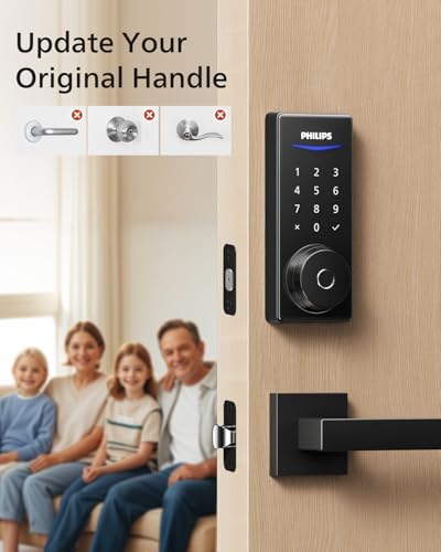 Philips Front Door Lock Set  Electronic Fingerprint Lock with 2 Lever Handles  Keyless Entry Door Lock with Handles  Auto Locking  Fingerprint Unlock  Touchscreen Keypad with Key
