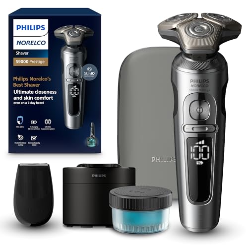 Philips Norelco S9000 Prestige SP9841/84 - Afeitadora giratoria eléctrica recargable en seco y húmedo con recortadora de precisión, estuche premium y sistema de limpieza