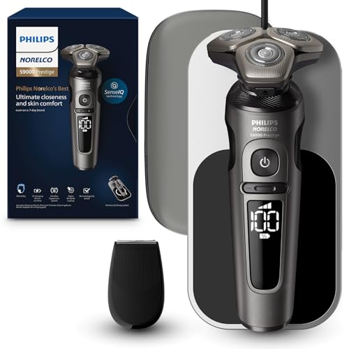 Philips Norelco S9000 Prestige SP9841/84 - Afeitadora giratoria eléctrica recargable en seco y húmedo con recortadora de precisión, estuche premium y sistema de limpieza