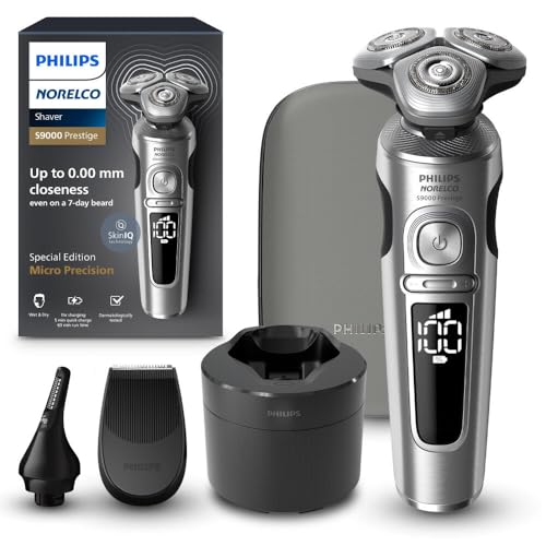 Philips Norelco S9000 Prestige SP9841/84 - Afeitadora giratoria eléctrica recargable en seco y húmedo con recortadora de precisión, estuche premium y sistema de limpieza