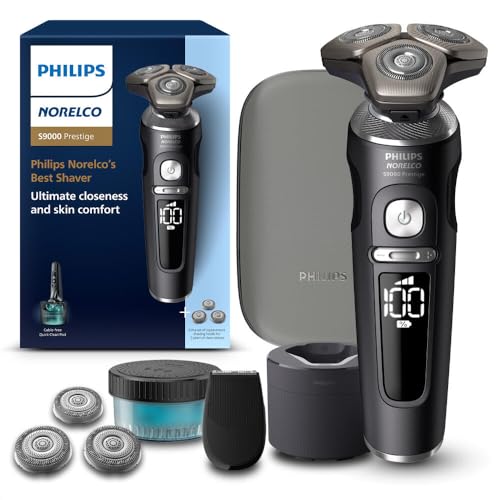 Philips Norelco S9000 Prestige SP9841/84 - Afeitadora giratoria eléctrica recargable en seco y húmedo con recortadora de precisión, estuche premium y sistema de limpieza