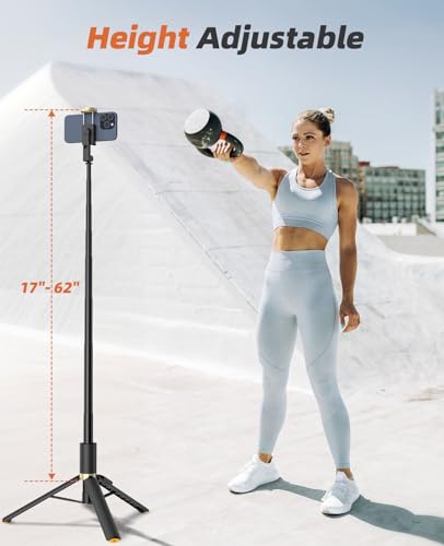 Phone Tripod & Selfie Stick with Remote  Portable  Lightweight for Video Recording Vlog  Extendable Travel Tripod Stand Compatible with iPhone Android  Black  62