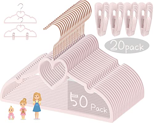 Pink Heart Velvet Baby Hangers   50pack 13inch Toddler Hangers with 20pcs Clips  Premium Velvet Strong and Durable Baby Clothes Hangers Without Slipping  Ultra Slim and Stackable Space Saving