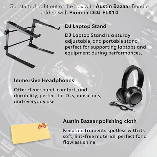 Pioneer DDJ FLX10 DJ Controller   Black Bundle with Laptop Stand  Headphones  and Austin Bazaar Polishing Cloth