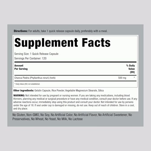 Piping Rock Chanca Piedra Capsules 500mg   120 Pills   Herbal Supplement   Non GMO  Gluten Free