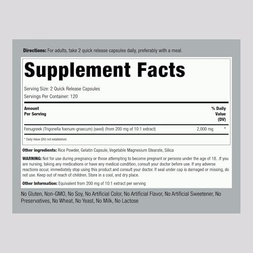 Piping Rock Fenugreek Capsules   240 Pills   Supplement for Women and Men   Concentrated Seed Extract   Non GMO  Gluten Free