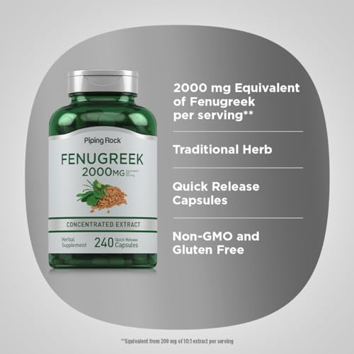 Piping Rock Fenugreek Capsules   240 Pills   Supplement for Women and Men   Concentrated Seed Extract   Non GMO  Gluten Free