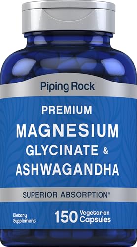 Piping Rock Magnesium Glycinate and Ashwagandha   150 Capsules   Premium Complex Formula   Vegetarian Supplement   Non GMO  Gluten Free