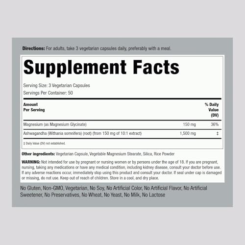 Piping Rock Magnesium Glycinate and Ashwagandha   150 Capsules   Premium Complex Formula   Vegetarian Supplement   Non GMO  Gluten Free