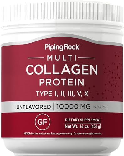 Piping Rock Proteína en polvo multicolágeno | 16 onzas sin sabor | Tipo I II III V X | Suplemento complejo de péptidos de 10000 mg para hombres y mujeres | Sin gluten, suplemento sin OMG