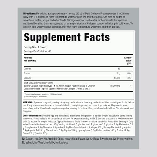 Piping Rock Proteína en polvo multicolágeno | 16 onzas sin sabor | Tipo I II III V X | Suplemento complejo de péptidos de 10000 mg para hombres y mujeres | Sin gluten, suplemento sin OMG