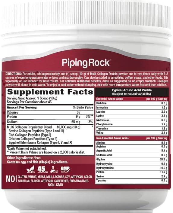 Piping Rock Proteína en polvo multicolágeno | 16 onzas sin sabor | Tipo I II III V X | Suplemento complejo de péptidos de 10000 mg para hombres y mujeres | Sin gluten, suplemento sin OMG