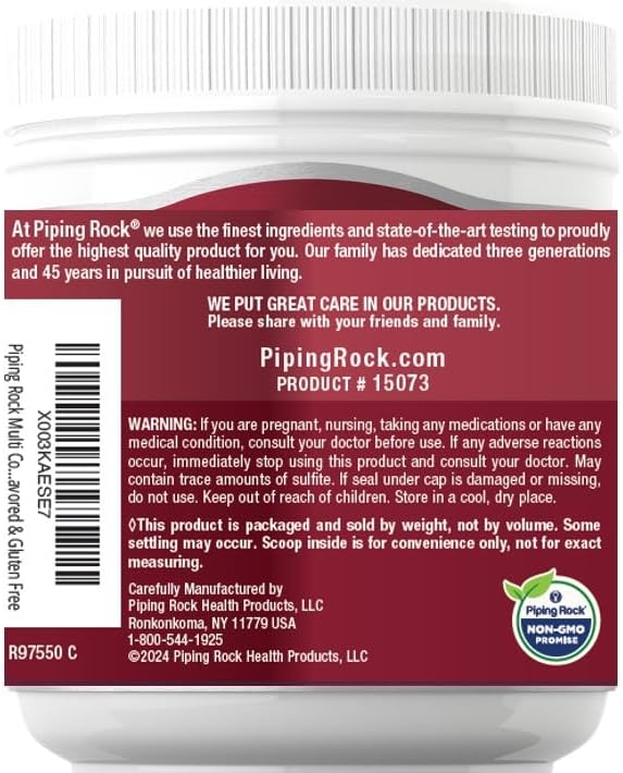 Piping Rock Proteína en polvo multicolágeno | 16 onzas sin sabor | Tipo I II III V X | Suplemento complejo de péptidos de 10000 mg para hombres y mujeres | Sin gluten, suplemento sin OMG