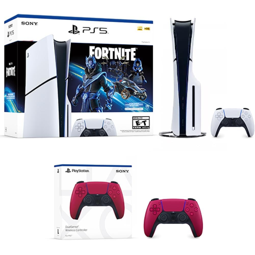 PlayStation 5 Slim Console Fortnite Cobalt Star Bundle   Extra PlayStation 5 DualSense Wireless Controller Cosmic Red   Includes PS5 Console & 2 DualSense Controllers