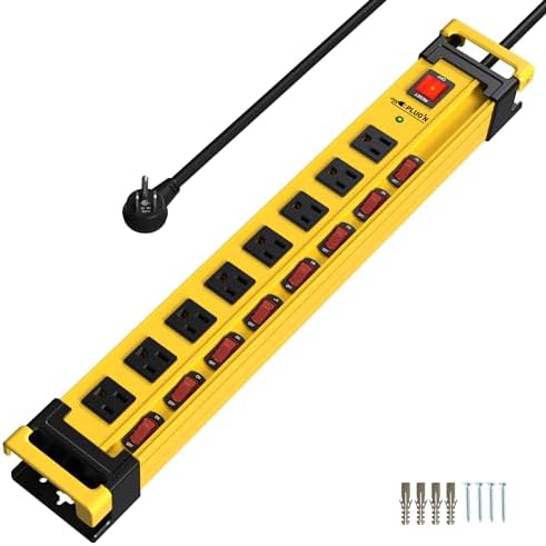 Plugn 12 Outlet 3300J Surge Protector Power Strip Individual Switches 9FT/14AWG/15AMP/1875W Power Cord Heavy Duty Metal Power Strip with Cord Manager for Workshop Garage Shop 2 Packs