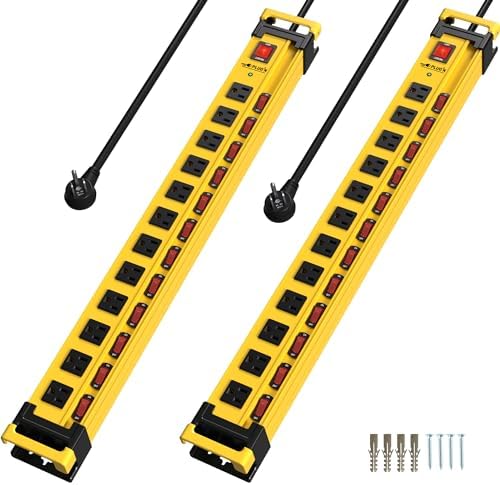 Plugn 12 Outlet 3300J Surge Protector Power Strip Individual Switches 9FT/14AWG/15AMP/1875W Power Cord Heavy Duty Metal Power Strip with Cord Manager for Workshop Garage Shop 2 Packs