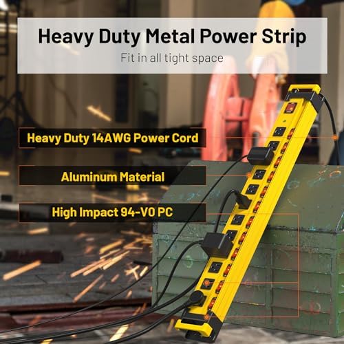 Plugn 12 Outlet 3300J Surge Protector Power Strip Individual Switches 9FT/14AWG/15AMP/1875W Power Cord Heavy Duty Metal Power Strip with Cord Manager for Workshop Garage Shop 2 Packs