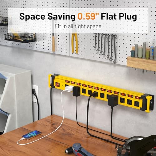 Plugn 12 Outlet 3300J Surge Protector Power Strip Individual Switches 9FT/14AWG/15AMP/1875W Power Cord Heavy Duty Metal Power Strip with Cord Manager for Workshop Garage Shop 2 Packs