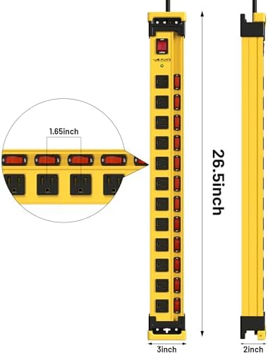 Plugn 12 Outlet 3300J Surge Protector Power Strip Individual Switches 9FT/14AWG/15AMP/1875W Power Cord Heavy Duty Metal Power Strip with Cord Manager for Workshop Garage Shop 2 Packs