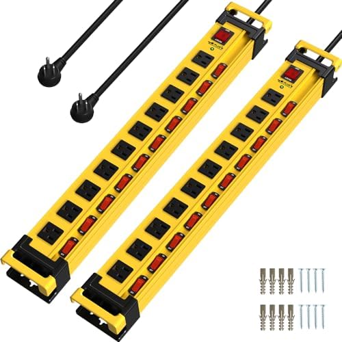 Plugn 12 Outlet 3300J Surge Protector Power Strip Individual Switches 9FT/14AWG/15AMP/1875W Power Cord Heavy Duty Metal Power Strip with Cord Manager for Workshop Garage Shop 2 Packs