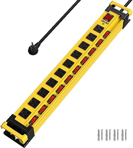 Plugn 12 Outlet 3300J Surge Protector Power Strip Individual Switches 9FT/14AWG/15AMP/1875W Power Cord Heavy Duty Metal Power Strip with Cord Manager for Workshop Garage Shop 2 Packs
