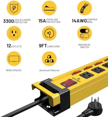 Plugn 12 Outlet 3300J Surge Protector Power Strip Individual Switches 9FT/14AWG/15AMP/1875W Power Cord Heavy Duty Metal Power Strip with Cord Manager for Workshop Garage Shop 2 Packs
