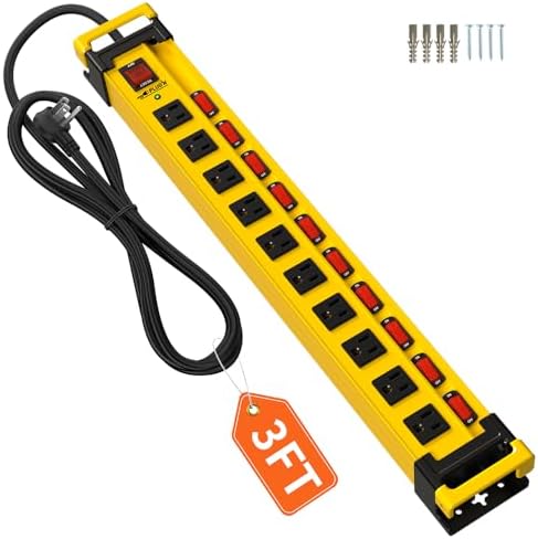 Plugn 12 Outlet 3300J Surge Protector Power Strip Individual Switches 9FT/14AWG/15AMP/1875W Power Cord Heavy Duty Metal Power Strip with Cord Manager for Workshop Garage Shop 2 Packs