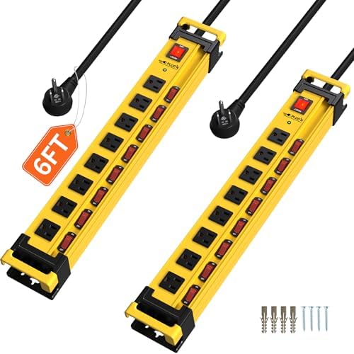 Plugn 12 Outlet 3300J Surge Protector Power Strip Individual Switches 9FT/14AWG/15AMP/1875W Power Cord Heavy Duty Metal Power Strip with Cord Manager for Workshop Garage Shop 2 Packs