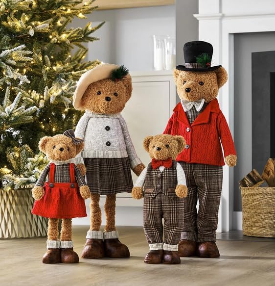 Plush Bear Family  Set of 4   Adjustable Holiday Bears in Festive Outfits  Indoor Decoration