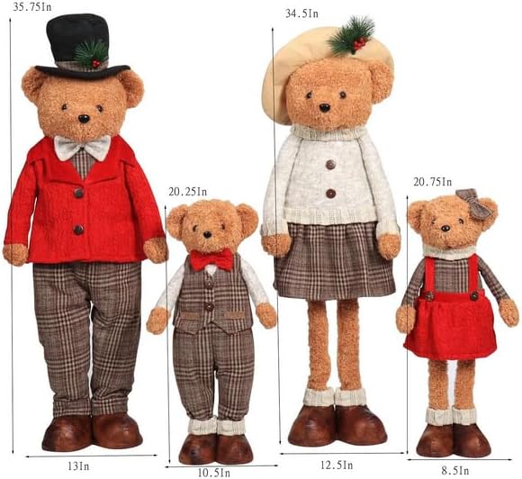 Plush Bear Family  Set of 4   Adjustable Holiday Bears in Festive Outfits  Indoor Decoration