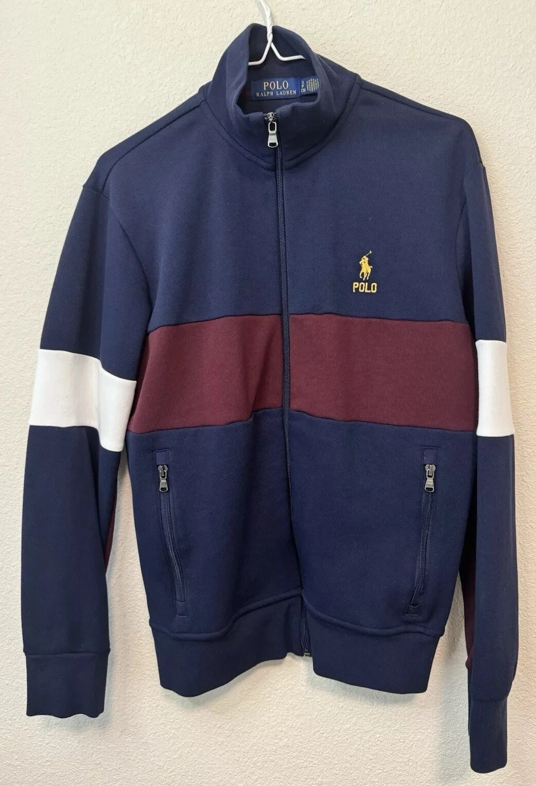 Polo Ralph Lauren Mens Double Knit Mesh Full Zip Track Jacket Size S Navy Red