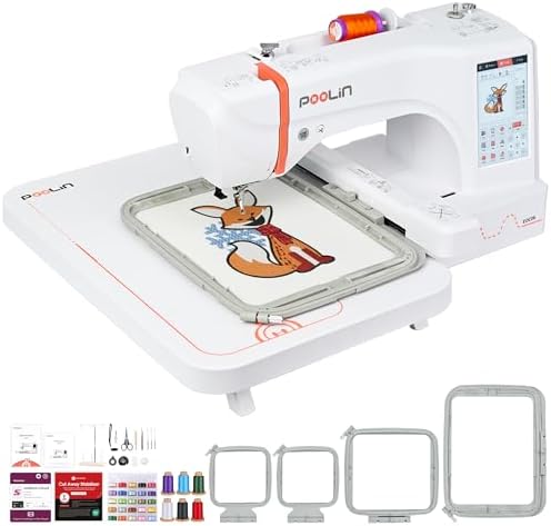 PooLin EOC06 Embroidery Machine 7 Touchscreen 7 9x11 Hoop Area Computerized Home Embroidery Machine for Beginners Gifts 200 Built in Designs USB & Wireless Software 4 Hoops Thread Bobbin Stabilizer