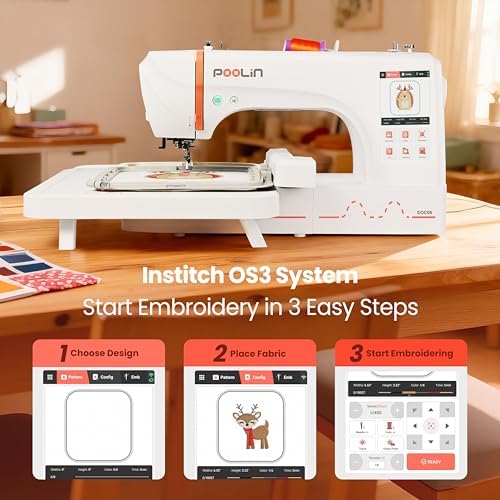 PooLin EOC06 Embroidery Machine 7 Touchscreen 7 9x11 Hoop Area Computerized Home Embroidery Machine for Beginners Gifts 200 Built in Designs USB & Wireless Software 4 Hoops Thread Bobbin Stabilizer