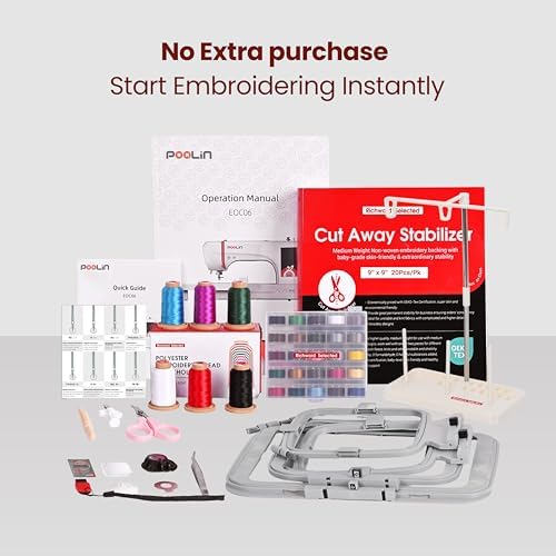 PooLin EOC06 Embroidery Machine 7 Touchscreen 7 9x11 Hoop Area Computerized Home Embroidery Machine for Beginners Gifts 200 Built in Designs USB & Wireless Software 4 Hoops Thread Bobbin Stabilizer