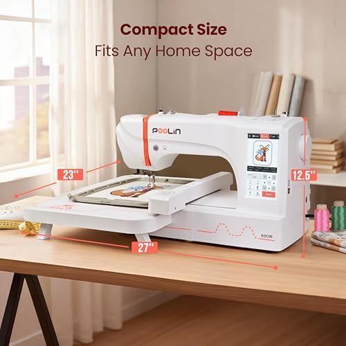 PooLin EOC06 Embroidery Machine 7 Touchscreen 7 9x11 Hoop Area Computerized Home Embroidery Machine for Beginners Gifts 200 Built in Designs USB & Wireless Software 4 Hoops Thread Bobbin Stabilizer