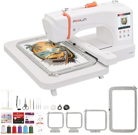 PooLin EOC06 Embroidery Machine 7 Touchscreen 7 9x11 Hoop Area Computerized Home Embroidery Machine for Beginners Gifts 200 Built in Designs USB & Wireless Software 4 Hoops Thread Bobbin Stabilizer