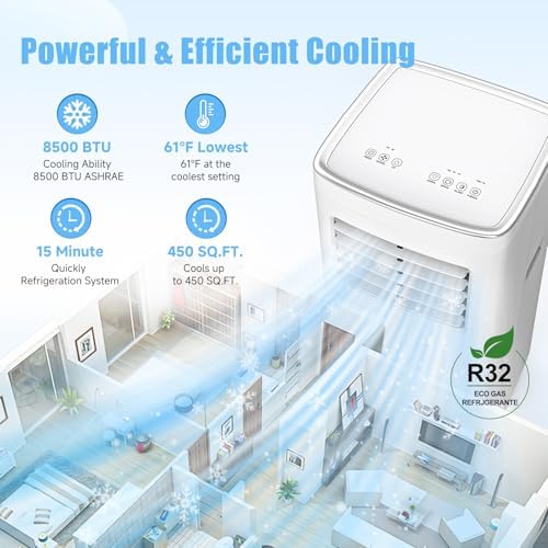 Portable Air Conditioners  3 in 1 8500 BTU Cooling Unit with Fan & Dehumidifier for Room  Quiet Operation  Cools up to 450 sq ft  Complete Window Installation Kit for Home Office