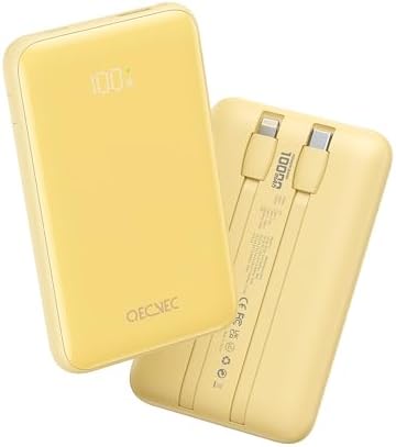 Portable Charger 10000mAh  Cell Phone Portable Power Banks with 22 5W PD Fast Charging  Compact Phone Charger Built in Cable  Compatible with Apple  Samsung  Google  Motorola and More Yellow