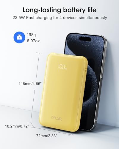 Portable Charger 10000mAh  Cell Phone Portable Power Banks with 22 5W PD Fast Charging  Compact Phone Charger Built in Cable  Compatible with Apple  Samsung  Google  Motorola and More Yellow