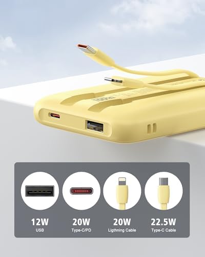 Portable Charger 10000mAh  Cell Phone Portable Power Banks with 22 5W PD Fast Charging  Compact Phone Charger Built in Cable  Compatible with Apple  Samsung  Google  Motorola and More Yellow