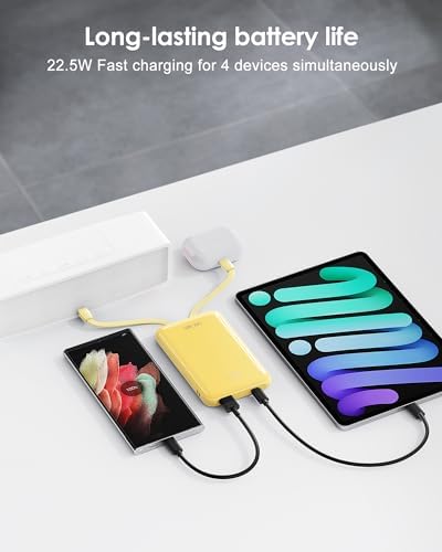 Portable Charger 10000mAh  Cell Phone Portable Power Banks with 22 5W PD Fast Charging  Compact Phone Charger Built in Cable  Compatible with Apple  Samsung  Google  Motorola and More Yellow