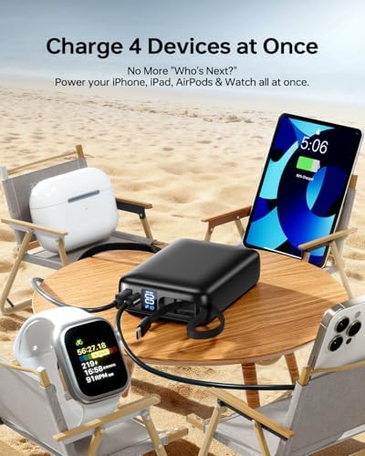 Cargador Portátil 50000mAh Power Bank, Cargador de Teléfono Portátil con 2 Cables Integrados, 22.5W Carga Rápida Elementos Esenciales de Viaje Paquete de Batería para iPhone/iPad/MacBook