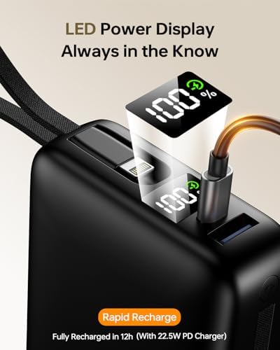 Cargador Portátil 50000mAh Power Bank, Cargador de Teléfono Portátil con 2 Cables Integrados, 22.5W Carga Rápida Elementos Esenciales de Viaje Paquete de Batería para iPhone/iPad/MacBook