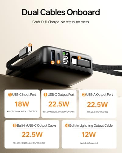 Cargador Portátil 50000mAh Power Bank, Cargador de Teléfono Portátil con 2 Cables Integrados, 22.5W Carga Rápida Elementos Esenciales de Viaje Paquete de Batería para iPhone/iPad/MacBook