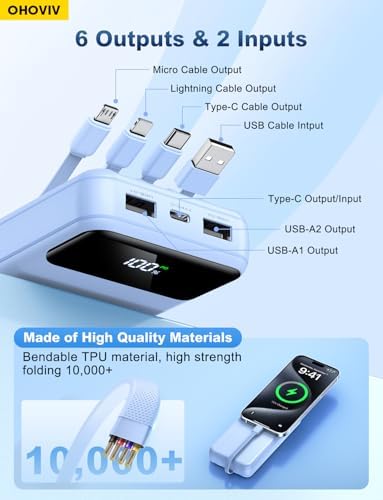 Portable Charger Power Bank 50000mAh Battery Pack  22 5W Fast Charging PowerBank with Built in Cables Travel Camping Essential USB C Portable Phone Charger for iPhone Samsung Pixel Android iPad