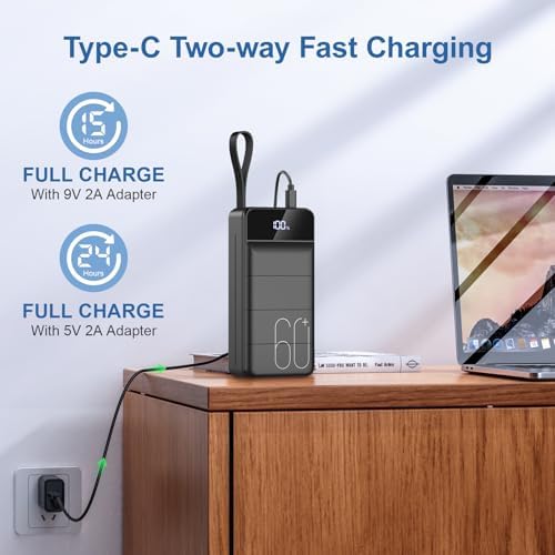 Portable Charger Power Bank 60000mAh Fast Charging 22 5W PD4 0 & QC 4 0 with USB C Battery Pack Charger Portable High Capacity Portable Phone Charger Power Bank for iPhone Samsung Travel  Black