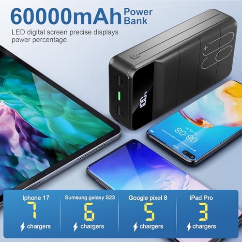 Portable Charger Power Bank 60000mAh Fast Charging 22 5W PD4 0 & QC 4 0 with USB C Battery Pack Charger Portable High Capacity Portable Phone Charger Power Bank for iPhone Samsung Travel  Black