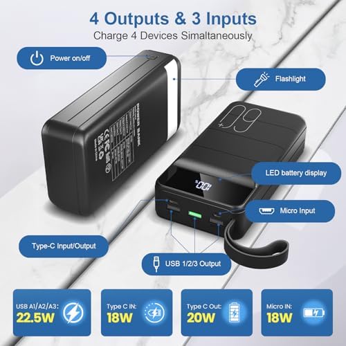 Portable Charger Power Bank 60000mAh Fast Charging 22 5W PD4 0 & QC 4 0 with USB C Battery Pack Charger Portable High Capacity Portable Phone Charger Power Bank for iPhone Samsung Travel  Black